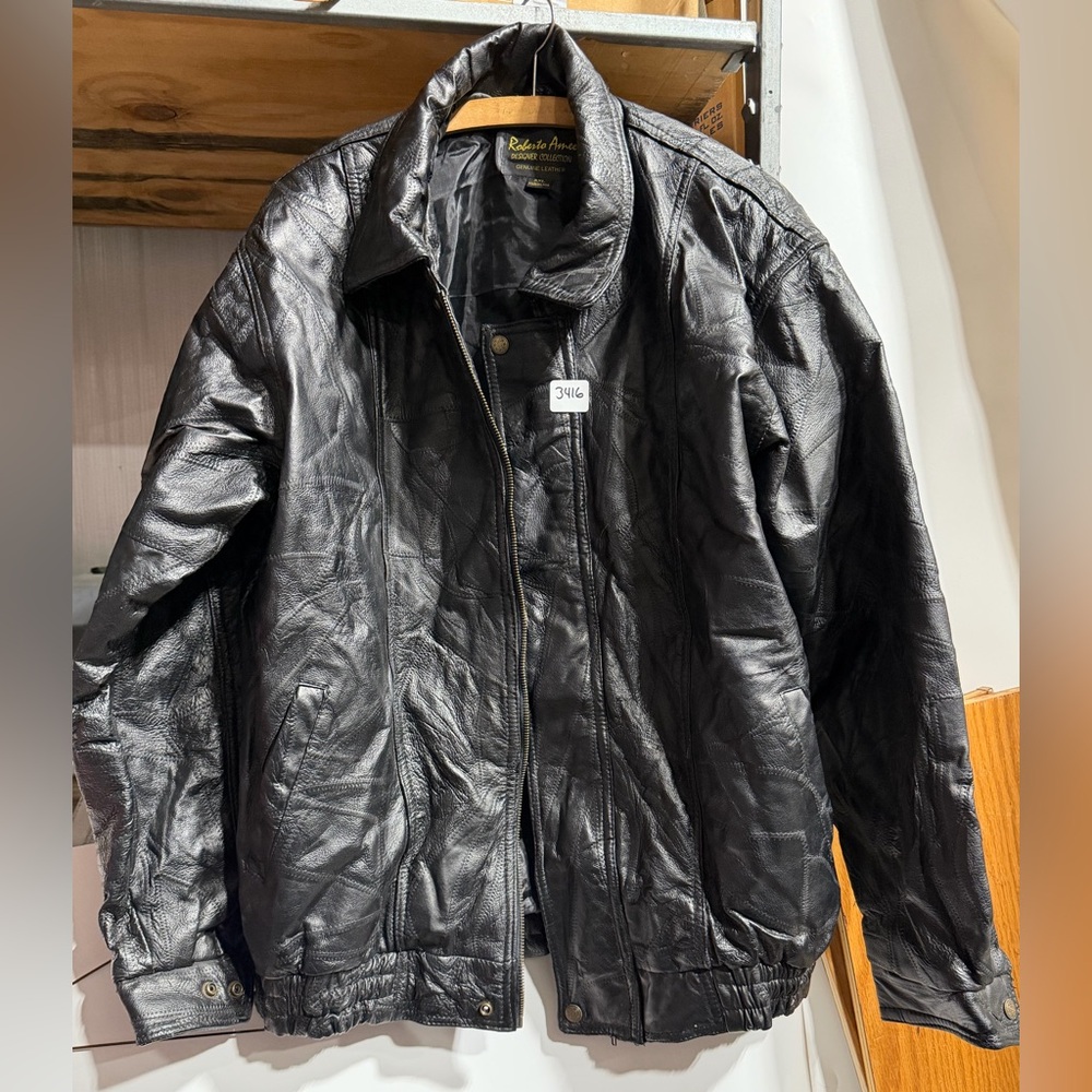 #3416-Men's Black Leather Bomber Jacket - Classic Zip Closure